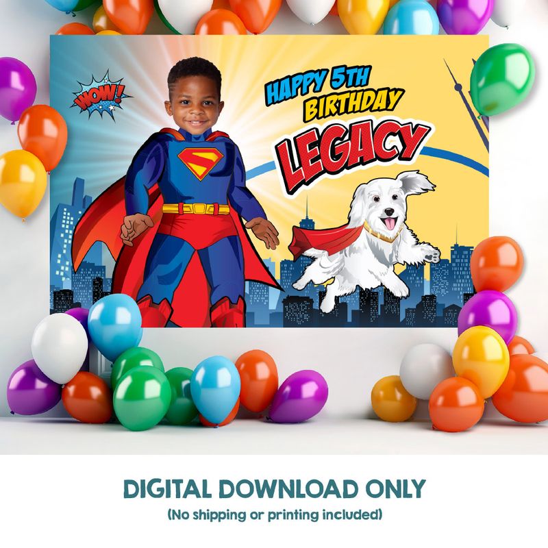 Superman and Krypto Banner with your photo, Superman and Krypto Birthday Backdrop, Party Banner Superman and Krypto, Superman and Krypto party decor. 2352BB