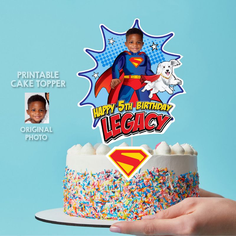 New Superman and Krypto Cake topper with your kid as Superman, Superman Krypto printable cake, New Superman Krypto cake ideas. 2352CT2