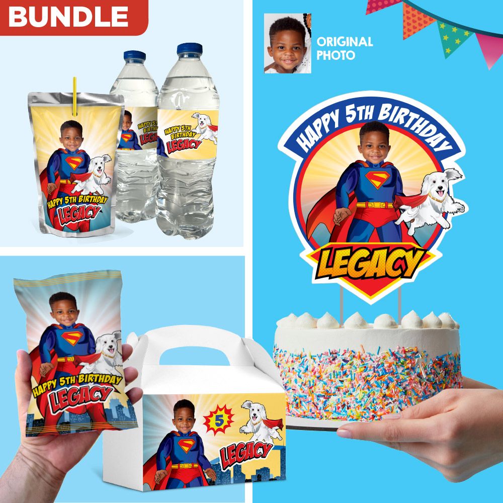 Bundle Superman and Krypto Party table, Superman and Krypto Cake Topper, snacks labels, Chip bags, Water labels and Gable box. 2352B1