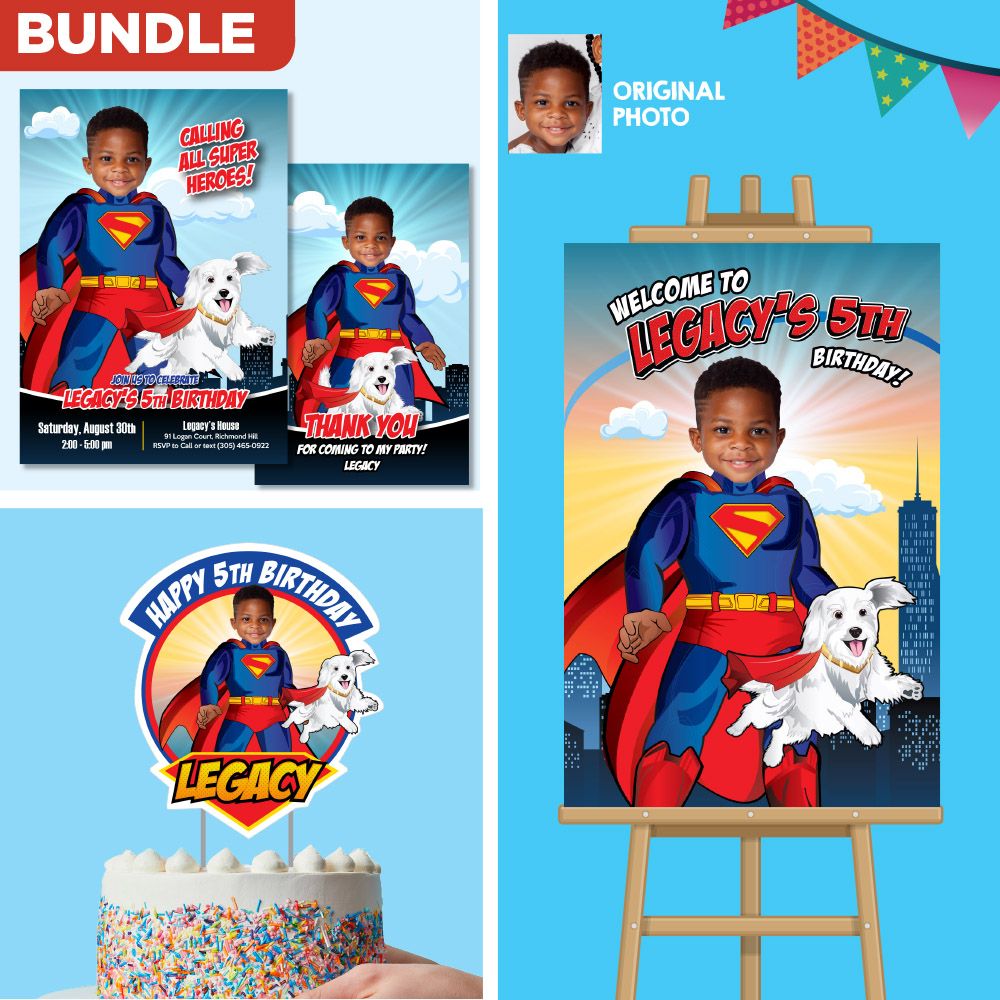 Bundle Superman and Krypto Birthday Matching items, Superman and Krypto Invitation and Thank you, Cake Topper and Welcome Sign. 2352B2
