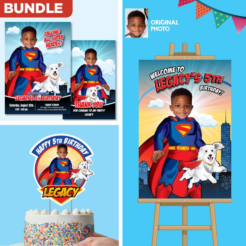 Bundle Superman and Krypto Birthday Matching items, Superman and Krypto Invitation and Thank you, Cake Topper and Welcome Sign. 2352B2