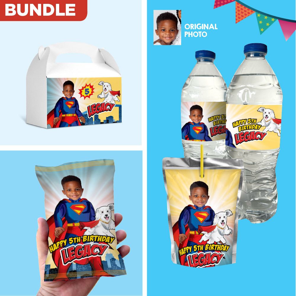 Superman and Krypto snacks labels matching set, Little Superman and Krypto water wrappers and Juice pouches, Chip bags and gable boxes. 2352B3