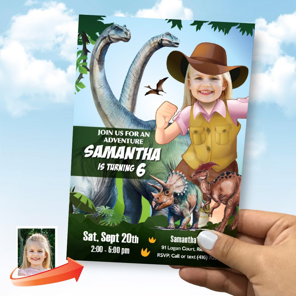 Custom Girl Explorer and Dinosaurs birthday Invitation, Girl Dinosaurs Photo Invite, Brachiosaurus party Invite, Triceratops invite. 638