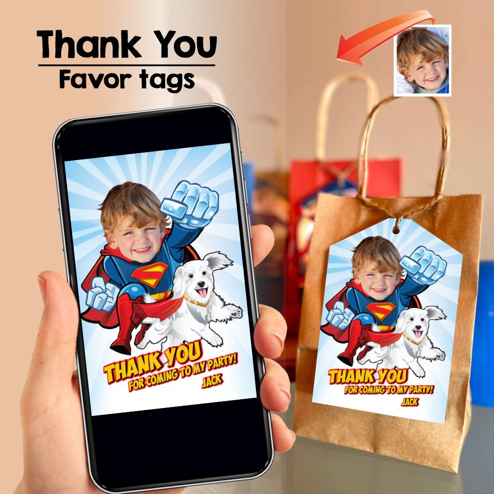Superman and super dog Kripto Thank you card, Superman Kripto Favor tags, Personalized Superman and dog Kripto party favors tags. 2353TY