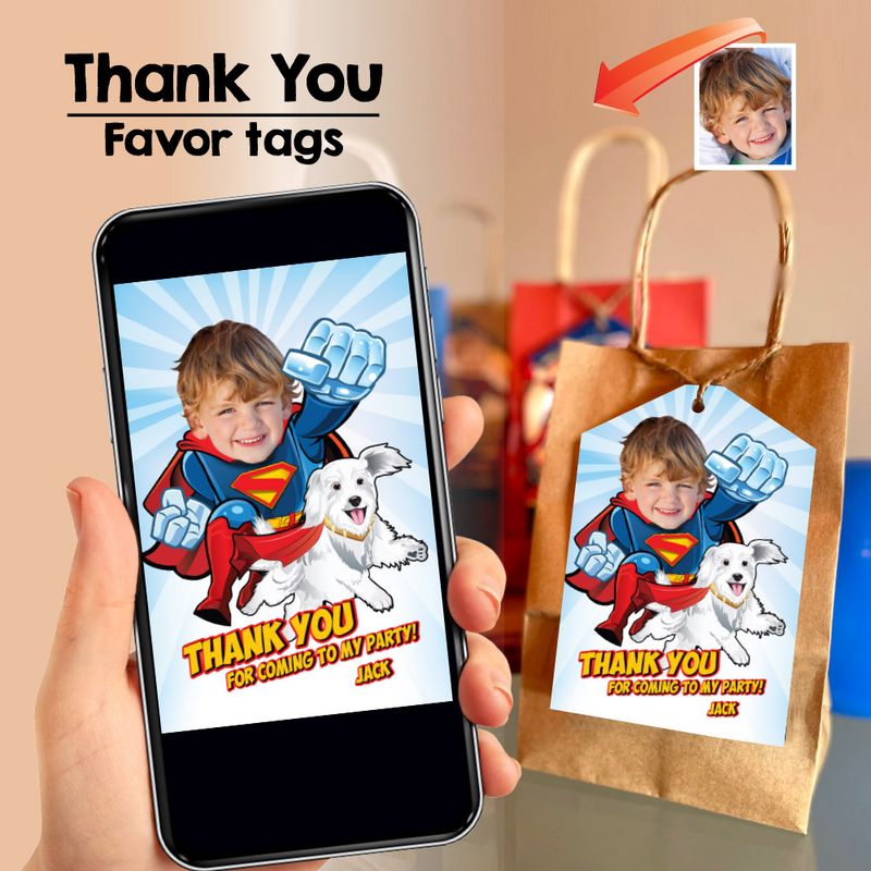 Superman and super dog Kripto Thank you card, Superman Kripto Favor tags, Personalized Superman and dog Kripto party favors tags. 2353TY