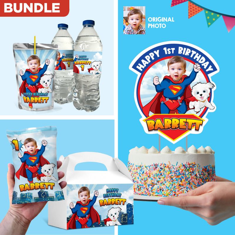 Bundle Baby Superman and Krypto Party table matching items, Baby Superman and puppy Krypto Cake Topper, snacks labels, Chip bags, candy box, drinks labels. 2351B1
