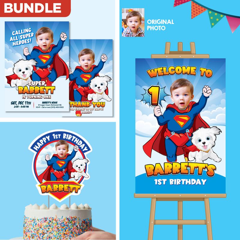 Bundle Baby Superman and Krypto 1st Birthday, Baby Superman and Krypto Invitation and Thank you, Cake Topper and Welcome Sign. 2351B2