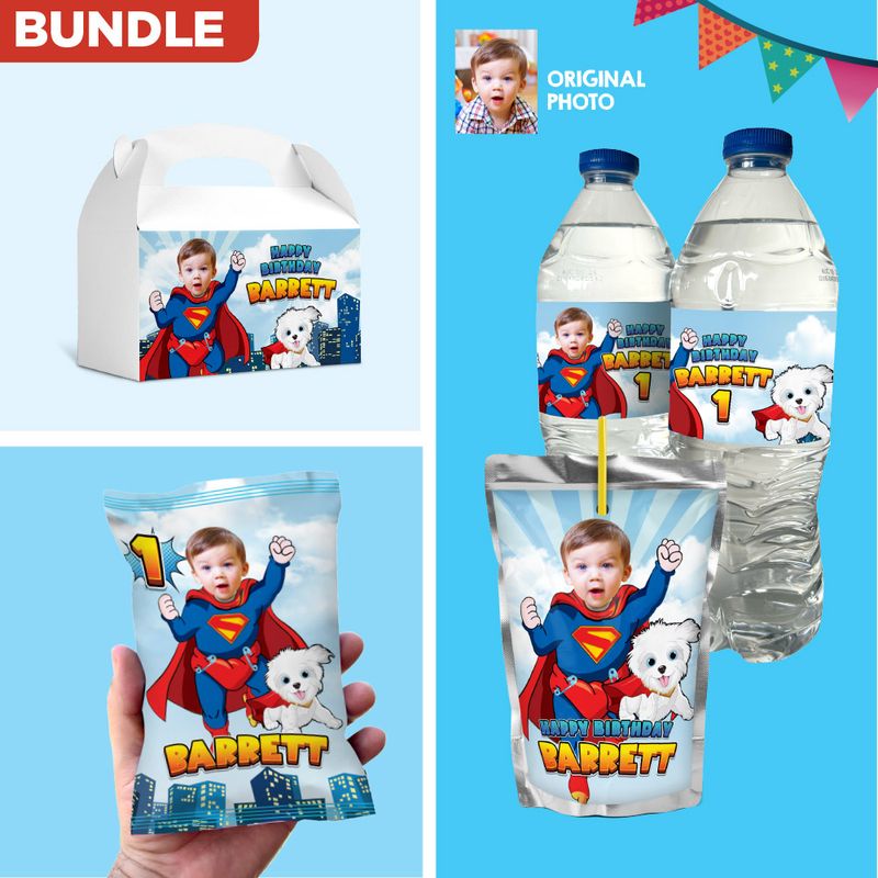 Bundle Baby Superman and Krypto snacks labels, Superman and Krypto water wrappers and capri sun, Baby Superman and Krypto Chips bags wrapper. 2351B3