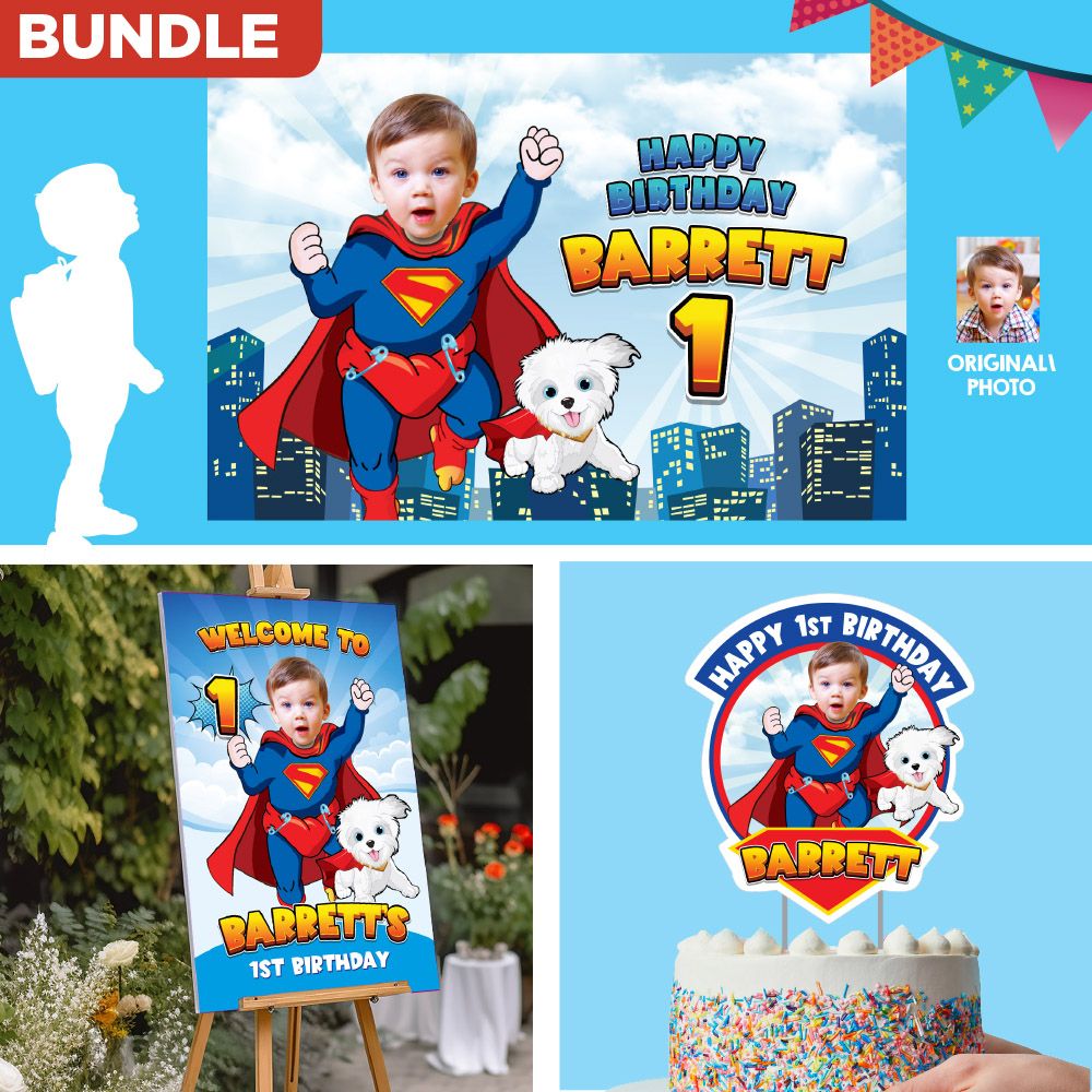 Bundle Baby Superman and Krypto Party decoration, Baby Superman and Krypto Backdrop, Cake Topper and Welcome Sign, Super baby and Krypto banner. 2351B4