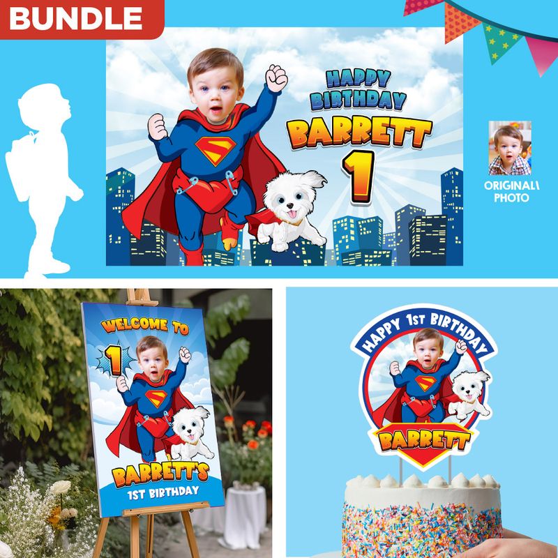 Bundle Baby Superman and Krypto Party decoration, Baby Superman and Krypto Backdrop, Cake Topper and Welcome Sign, Super baby and Krypto banner. 2351B4
