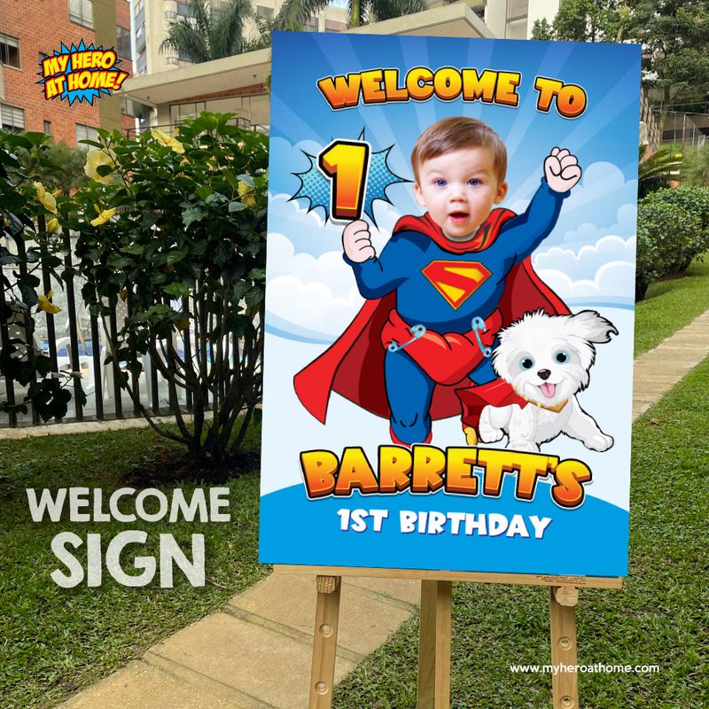 Baby Superman and Krypto Welcome sign with photo, Super baby welcome party, Superman 1st Birthday Sign, Superman and puppy Krypto Party Entrance Print. 2351WS