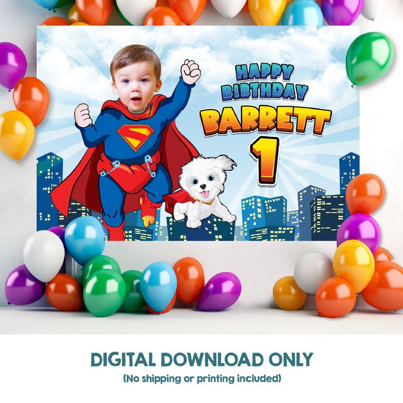 Baby Superman and Krypto Birthday Banner, Superman 1st Birthday Backdrop with Krypto, Super Baby Backdrop, Superman 1st party decor. 2351BB