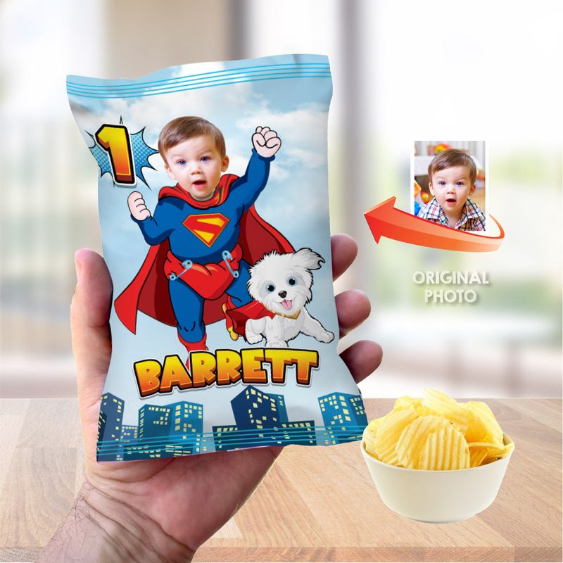 Baby Superman and Krypto chip bags party favors, Super baby Chip Bag Wrapper, Superman and Krypto 1st party decor. 2351CB
