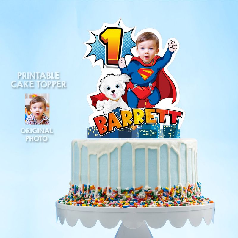 Personalized Superman and Puppy Krypto Cake topper, Baby superman 1st birthday printable cake topper, Superman 1st party smash cake. 2351CT2