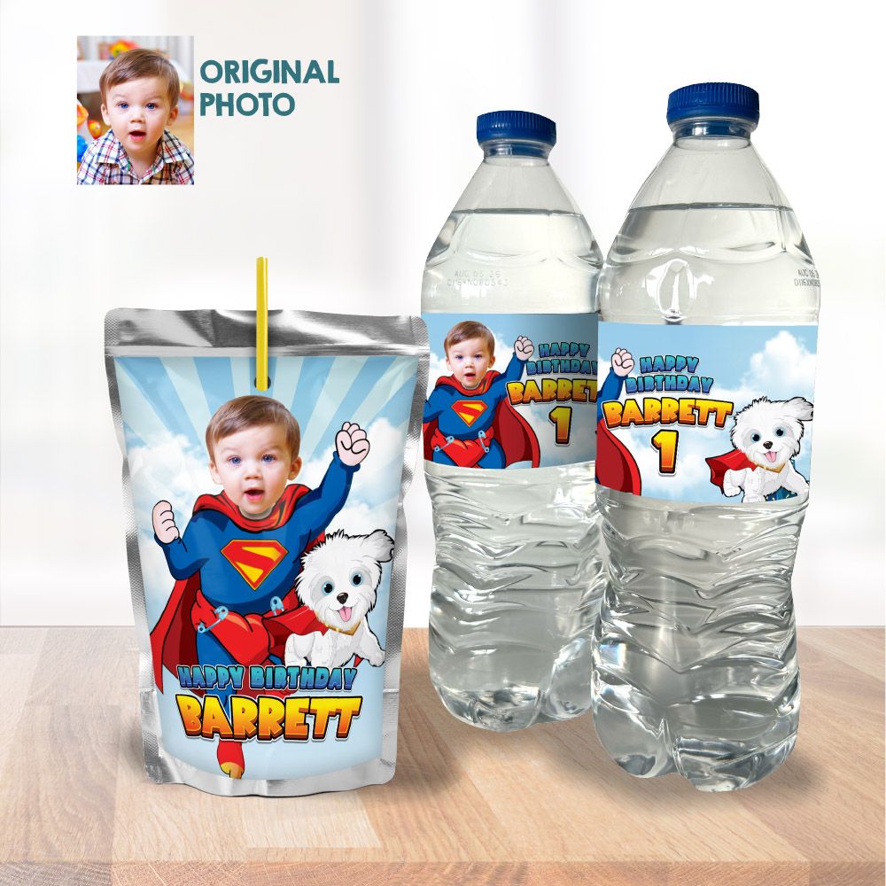 Baby Superman and Krypto water wrappers, Baby Superman and Krypto party juice labels, Baby Superman and Krypto Capri sun labels. 2351WJ