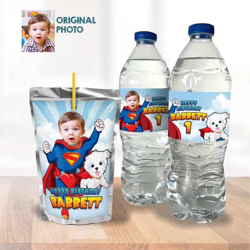 Baby Superman and Krypto water wrappers, Baby Superman and Krypto party juice labels, Baby Superman and Krypto Capri sun labels. 2351WJ