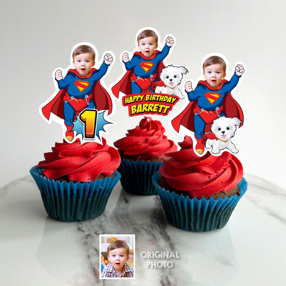 Super Baby and Krypto Cupcake Toppers with your Photo, Baby Superman with Krypto Cupcakes, Superman 1st Party desserts. 2351CK