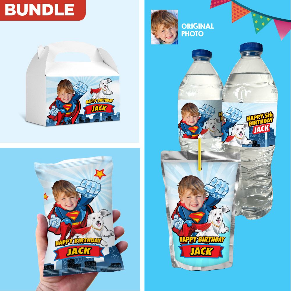 Superman and Krypto snacks labels bundle set, Little Superman water wrappers and Juice pouches, Krypto Chip bags and Krypto candy boxes. 2353B3