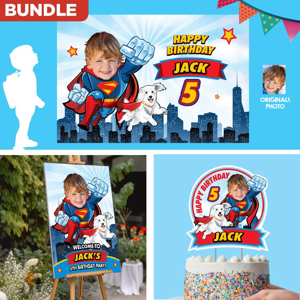 Superman and Krypto Custom birthday Party decoration, Superman Krypto party Backdrop, Printable cake of superkid and puppy, Welcome Sign Superman 2025. 2353B4
