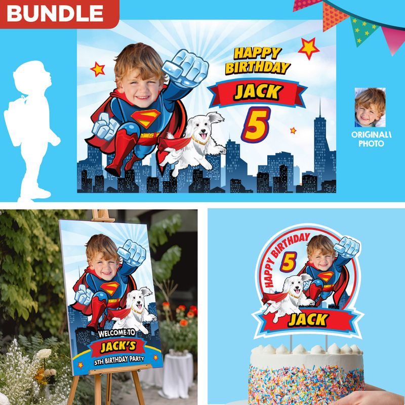 Superman and Krypto Custom birthday Party decoration, Superman Krypto party Backdrop, Printable cake of superkid and puppy, Welcome Sign Superman 2025. 2353B4