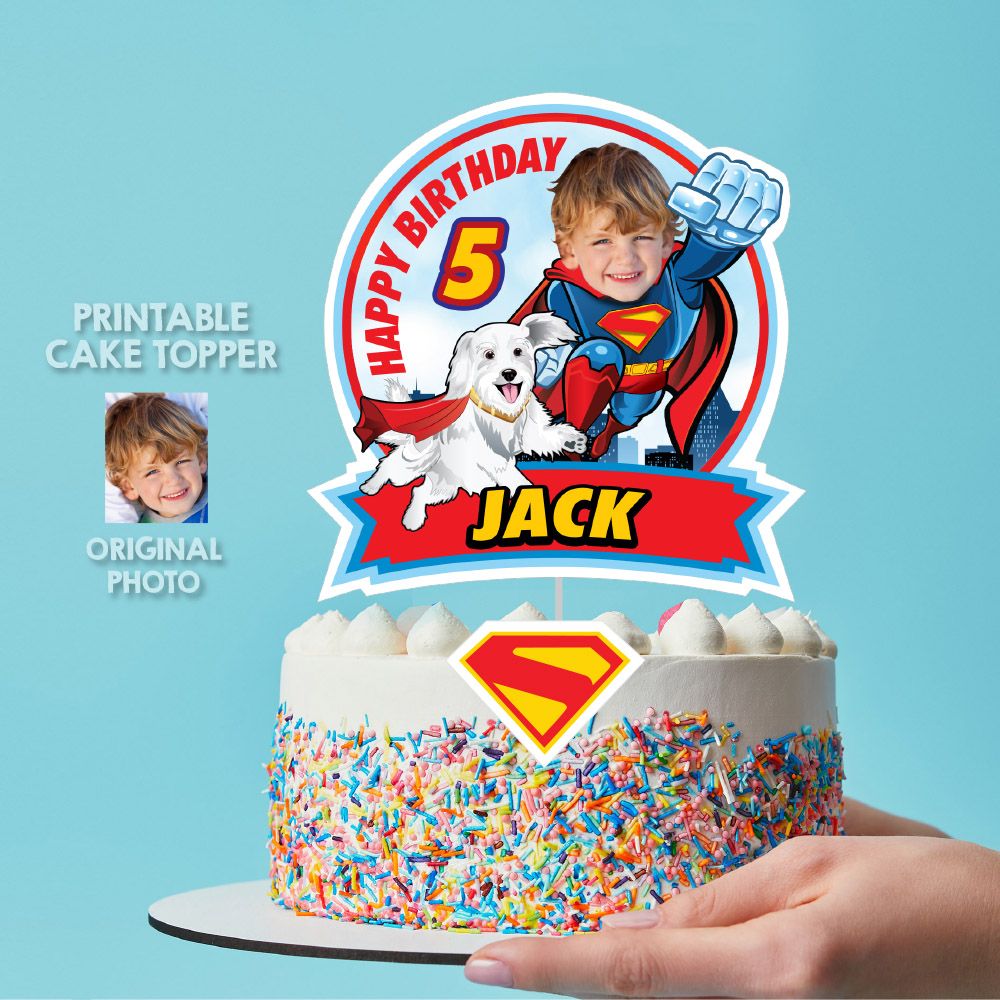Little Superman and Krypto printable cake topper, New Superman and Krypto cake ideas, Flying Superman and Superdog cake. 2353CT