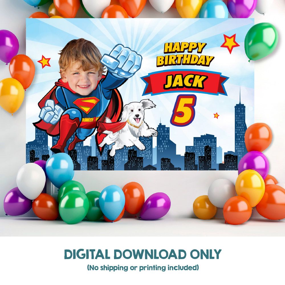 Joint Superman and Krypto Banner,  Superboy and superdog Birthday Backdrop, Superman Krypto the dog Backdrop, Superkid and Krypto party decor. 2353BB