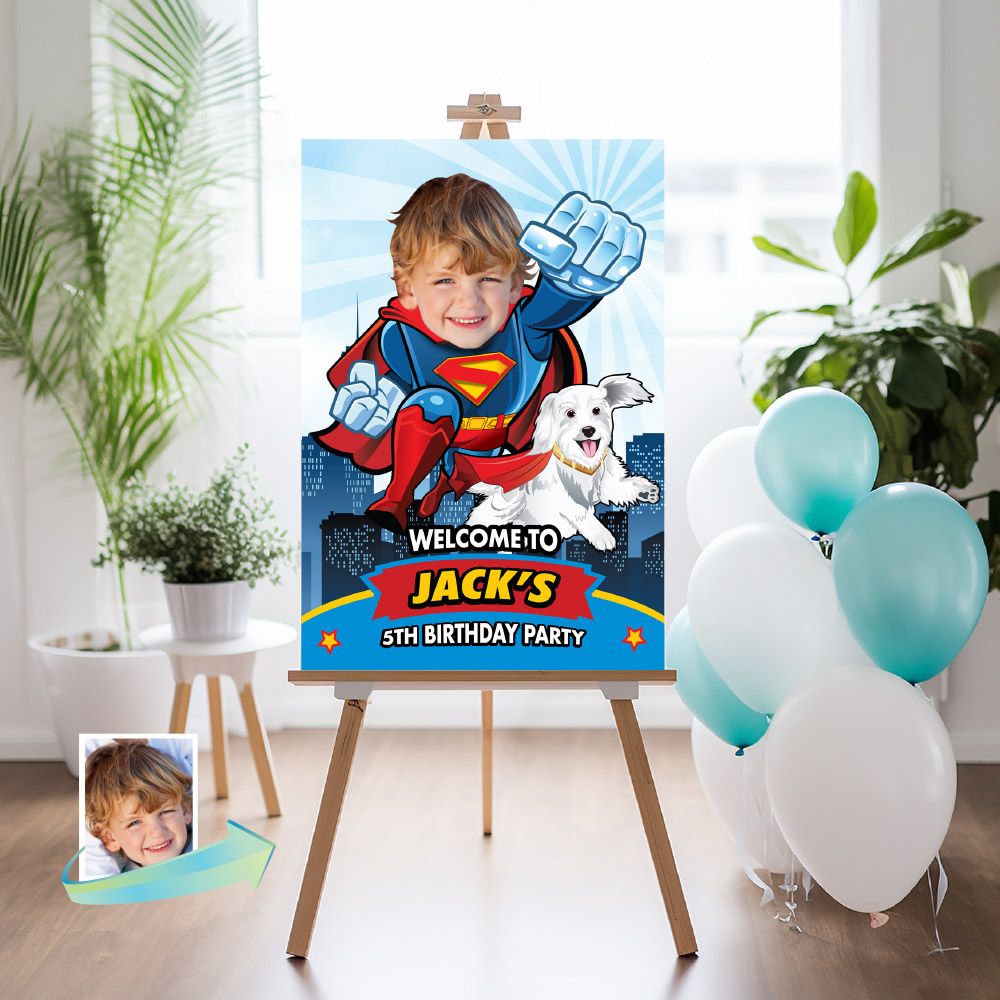 Personalized Superman &amp; Krypto-themed welcome sign featuring your child as Superman, Superboy Welcome party sign. 2353WS