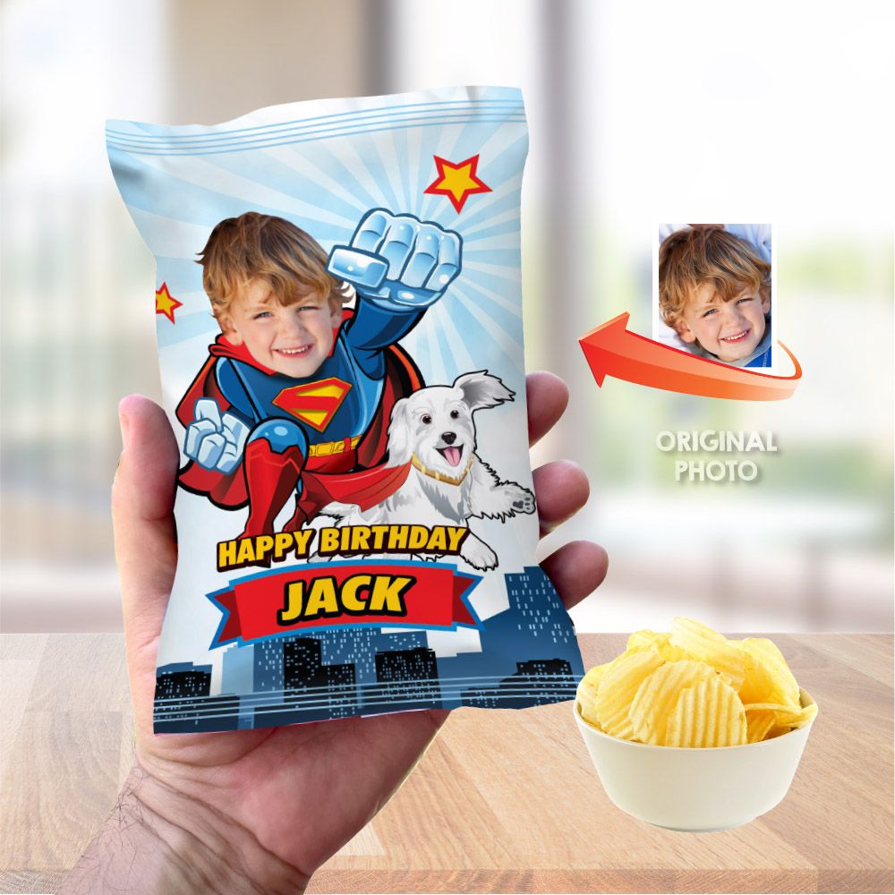 Personalized chip bags and snack wrappers themed with Superman &amp; Krypto, Custom Party Favors of Superman and Krypto. 2353CB