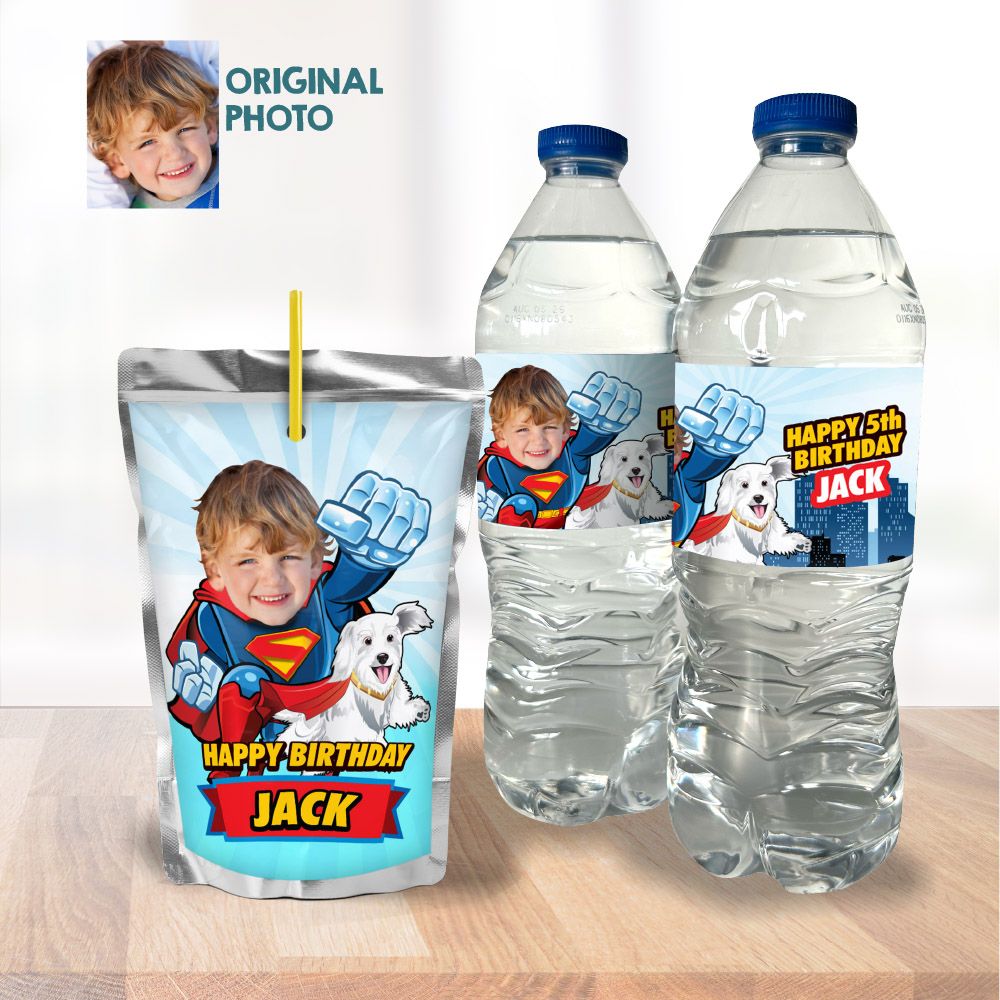 Superboy and Superdog water stickers, Superkid and Krypto Capri sun, Krypto and Superman birthday drinks labels. 2353WJ