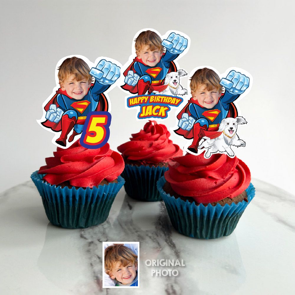Superman and Krypto Cupcake Toppers with your Photo, Superboy with Krypto Cupcakes, Superman Party desserts toppers. 2353CK