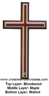 Three Layer Stepped Up Beveled Wooden Cross - Bloodwood on Maple on Walnut - 60"
