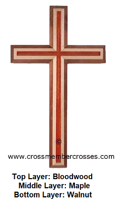 Three Layer Beveled Wooden Crosses - Bloodwood on Maple on Walnut - 72"