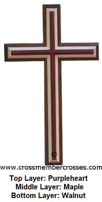 Three Layer Stepped Up Beveled Wooden Cross - Purpleheart on Maple on Walnut - 48"