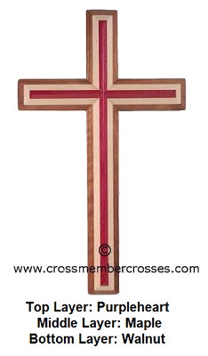 Three Layer Beveled Wooden Crosses - Purpleheart on Maple on Walnut - 10&quot;