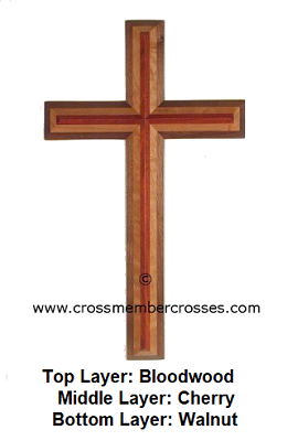 Three Layer Beveled Wooden Crosses - Bloodwood on Cherry on Walnut - 8"