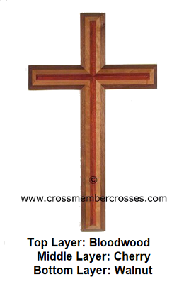 Three Layer Beveled Wooden Crosses - Bloodwood on Cherry on Walnut - 84&quot;