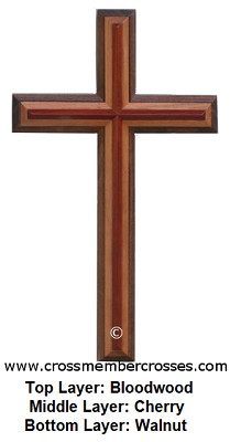 Three Layer Stepped Up Beveled Wooden Cross - Bloodwood on Cherry on Walnut - 60"