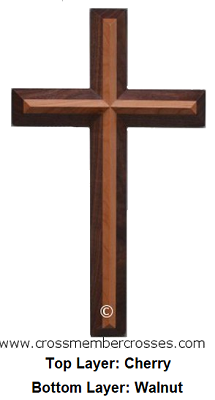 Two Layer Beveled Wooden Crosses - Cherry on Walnut - 10"
