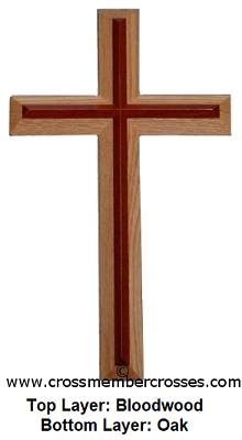 Two Layer Beveled Wooden Crosses - Bloodwood on Oak - 8"