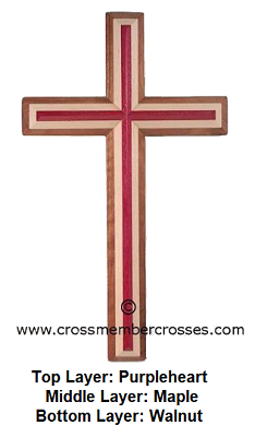 Three Layer Beveled Wooden Crosses - Purpleheart on Maple on Walnut