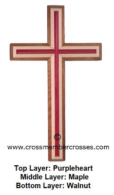 Three Layer Beveled Wooden Crosses - Purpleheart on Maple on Walnut - 48"