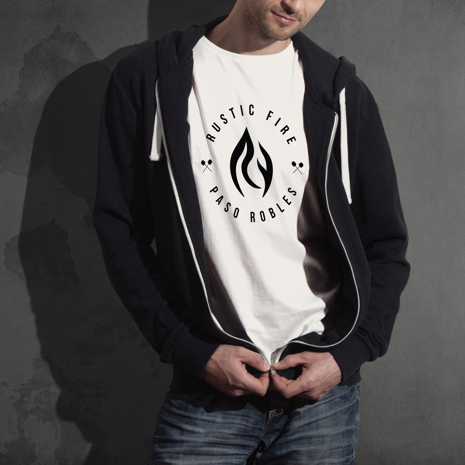 Rustic Fire Black logo White Tee