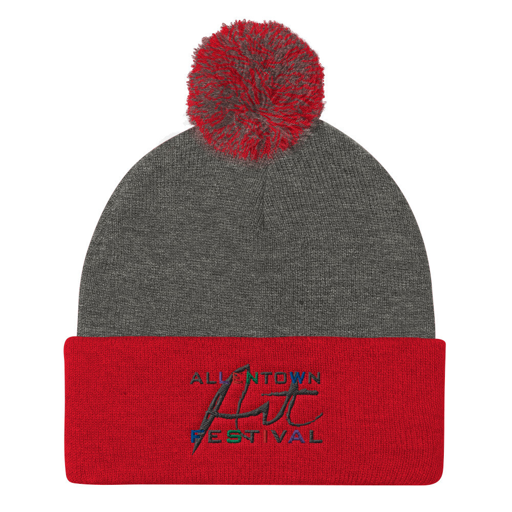 Allentown Art Festival Logo Embroidered - Pom Pom Knit Cap, Color: Dark Heather Grey/ Red