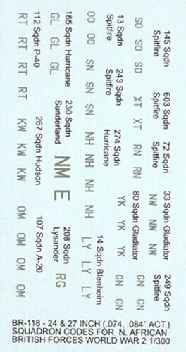 TDC12 British WWII 1/300th aircraft, Squadron codes for N. African Spitfires, Hurricanes + others.