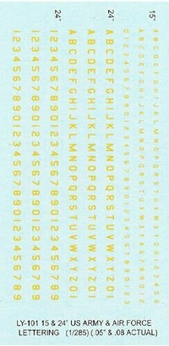 TDC42 Letters and single digit numbers in US Army and Air Force fonts. General modelling, all scales. Sizes .05" and .08" YELLOW