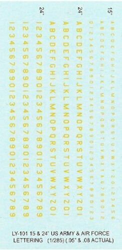 TDC42 Letters and single digit numbers in US Army and Air Force fonts.  General modelling, all scales. Sizes .05" and .08"  YELLOW