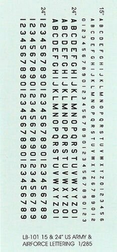TDC40 Letters and single digit numbers in US Army and Air Force fonts.  General modelling, all scales. Sizes .05" and .08" BLACK​