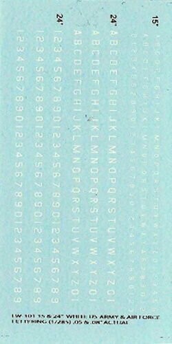 TDC41 Letters and single digit numbers in US Army and Air Force fonts.  General modelling, all scales. Sizes .05" and .08"  WHITE