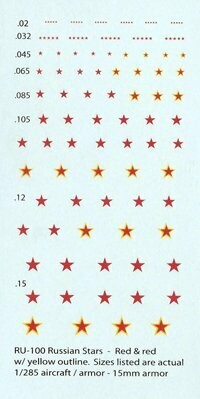 TDC71 Russian red star and red star with yellow outline, various sizes for 1/285-1/300 aircraft, 10-20mm armour