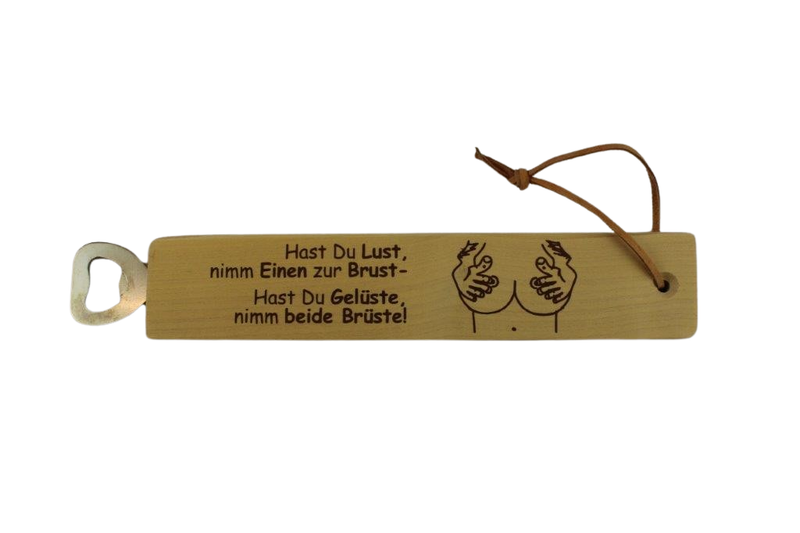Flaschenöffner aus Holz mit Spruch